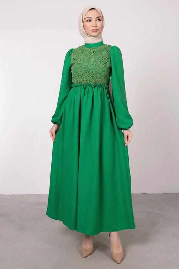 Tesettür giyim  ETNİK DANTELLİ BALON KOL ELBİSE T 7585 - TRENDTESETTÜR