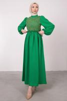 Tesettür giyim YEŞİL ETNİK DANTELLİ BALON KOL ELBİSE T 7585