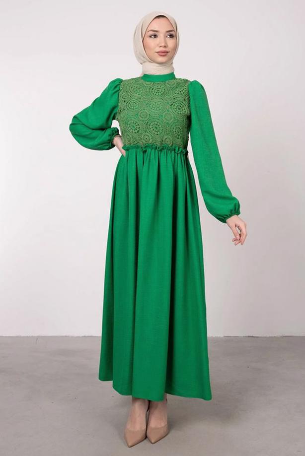 Tesettür giyim  ETNİK DANTELLİ BALON KOL ELBİSE T 7585 - TRENDTESETTÜR