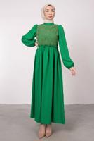 Tesettür giyim YEŞİL ETNİK DANTELLİ BALON KOL ELBİSE T 7585