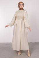 Tesettür giyim BEJ ETNİK DANTELLİ BALON KOL ELBİSE T 7585