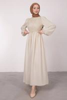 Tesettür giyim BEJ ETNİK DANTELLİ BALON KOL ELBİSE T 7585