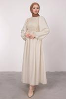 Tesettür giyim BEJ ETNİK DANTELLİ BALON KOL ELBİSE T 7585