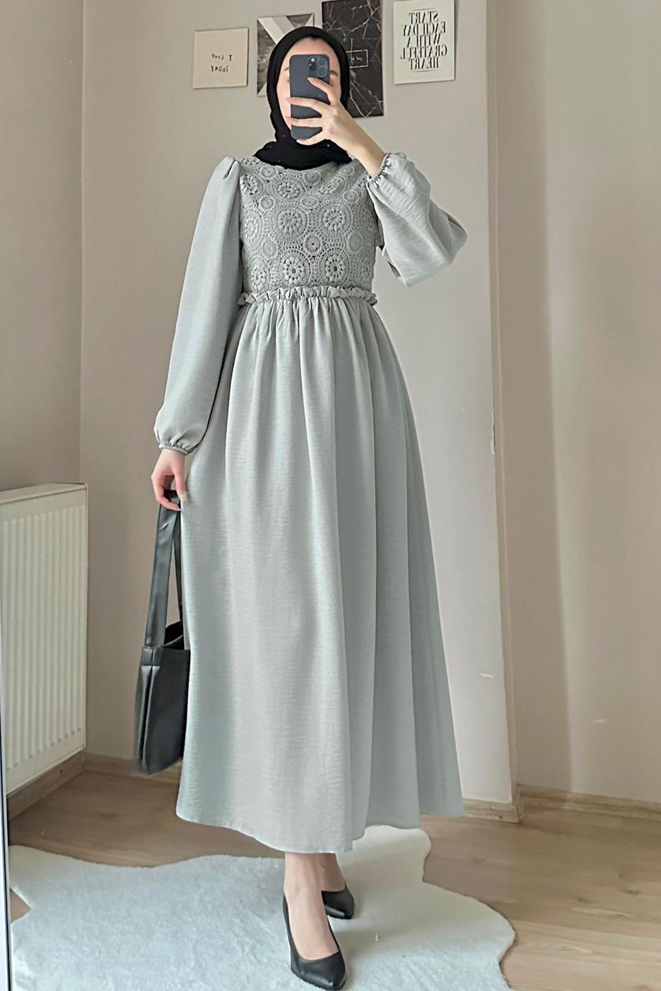 Tesettür giyim GRİ ETNİK DANTELLİ BALON KOL ELBİSE T 7585