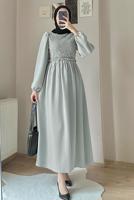 Tesettür giyim GRİ ETNİK DANTELLİ BALON KOL ELBİSE T 7585