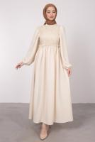 Tesettür giyim BEJ ETNİK DANTELLİ BALON KOL ELBİSE T 7585
