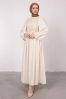 Tesettür giyim BEJ ETNİK DANTELLİ BALON KOL ELBİSE T 7585
