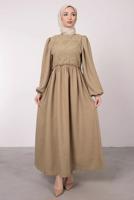 Tesettür giyim KAHVE ETNİK DANTELLİ BALON KOL ELBİSE T 7585