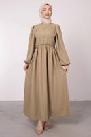 Tesettür giyim KAHVE ETNİK DANTELLİ BALON KOL ELBİSE T 7585