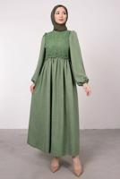 Tesettür giyim HAKİ ETNİK DANTELLİ BALON KOL ELBİSE T 7585