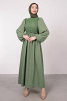 Tesettür giyim HAKİ ETNİK DANTELLİ BALON KOL ELBİSE T 7585