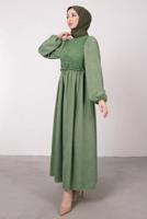 Tesettür giyim HAKİ ETNİK DANTELLİ BALON KOL ELBİSE T 7585