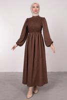 Tesettür giyim KAHVE ETNİK DANTELLİ BALON KOL ELBİSE T 7585