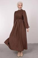 Tesettür giyim KAHVE ETNİK DANTELLİ BALON KOL ELBİSE T 7585