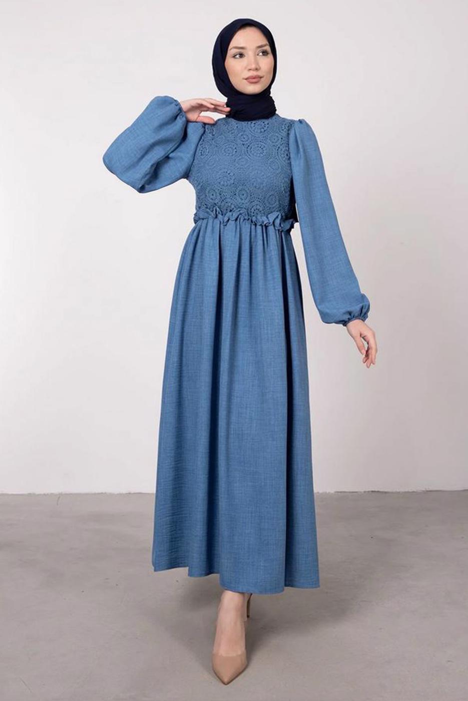Tesettür giyim LACİVERT ETNİK DANTELLİ BALON KOL ELBİSE T 7585