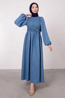 Tesettür giyim LACİVERT ETNİK DANTELLİ BALON KOL ELBİSE T 7585