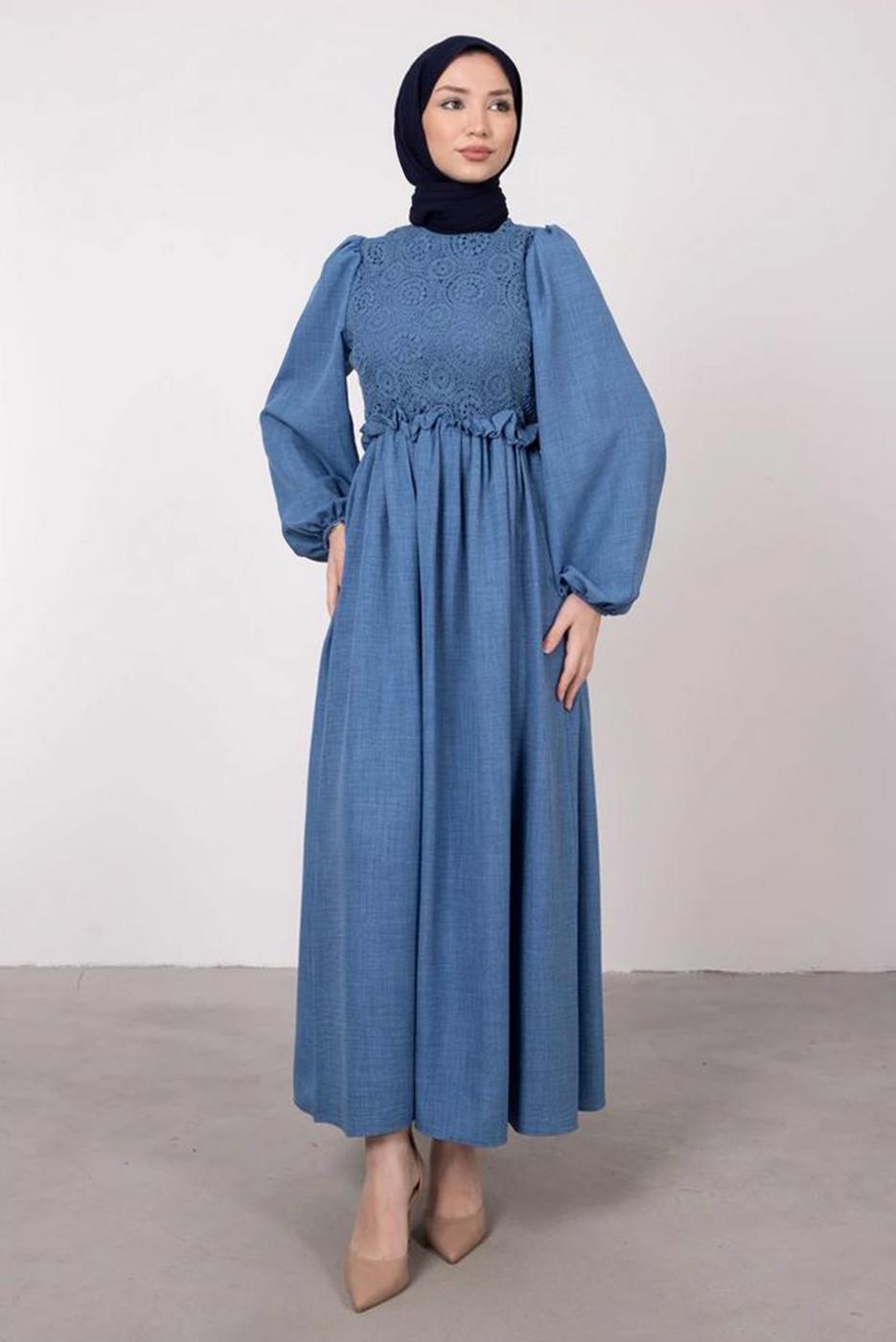 Tesettür giyim LACİVERT ETNİK DANTELLİ BALON KOL ELBİSE T 7585