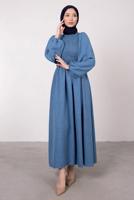 Tesettür giyim LACİVERT ETNİK DANTELLİ BALON KOL ELBİSE T 7585