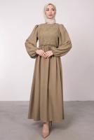 Tesettür giyim KAHVE ETNİK DANTELLİ BALON KOL ELBİSE T 7585