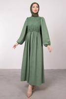 Tesettür giyim YEŞİL ETNİK DANTELLİ BALON KOL ELBİSE T 7585