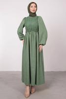 Tesettür giyim YEŞİL ETNİK DANTELLİ BALON KOL ELBİSE T 7585
