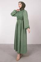 Tesettür giyim YEŞİL ETNİK DANTELLİ BALON KOL ELBİSE T 7585