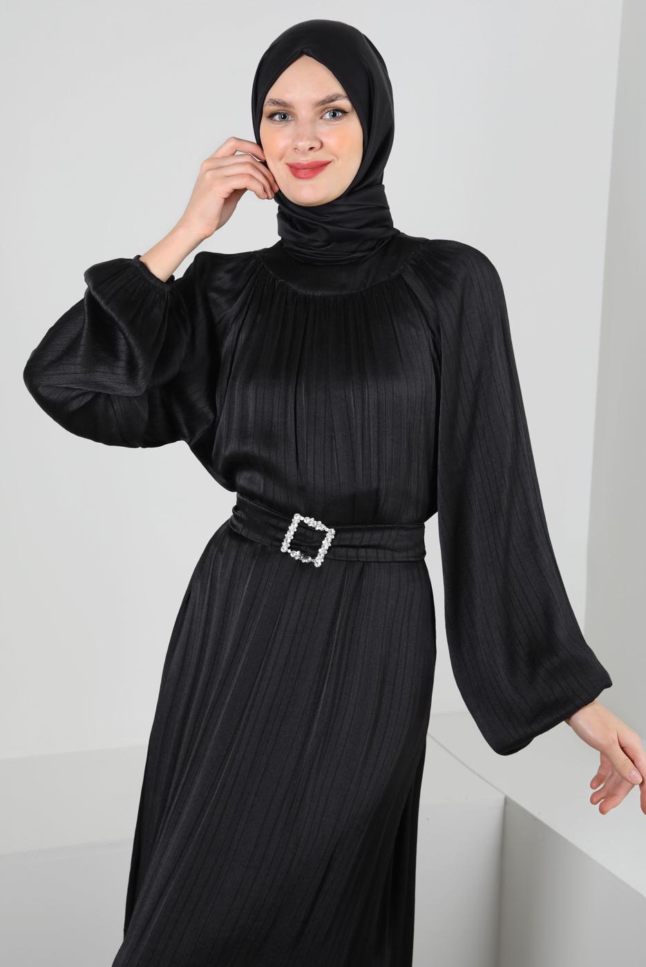 Tesettür giyim SİYAH BALON KOL VOLANLI KEMERLİ ELBİSE T 78002