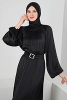 Tesettür giyim SİYAH BALON KOL VOLANLI KEMERLİ ELBİSE T 78002