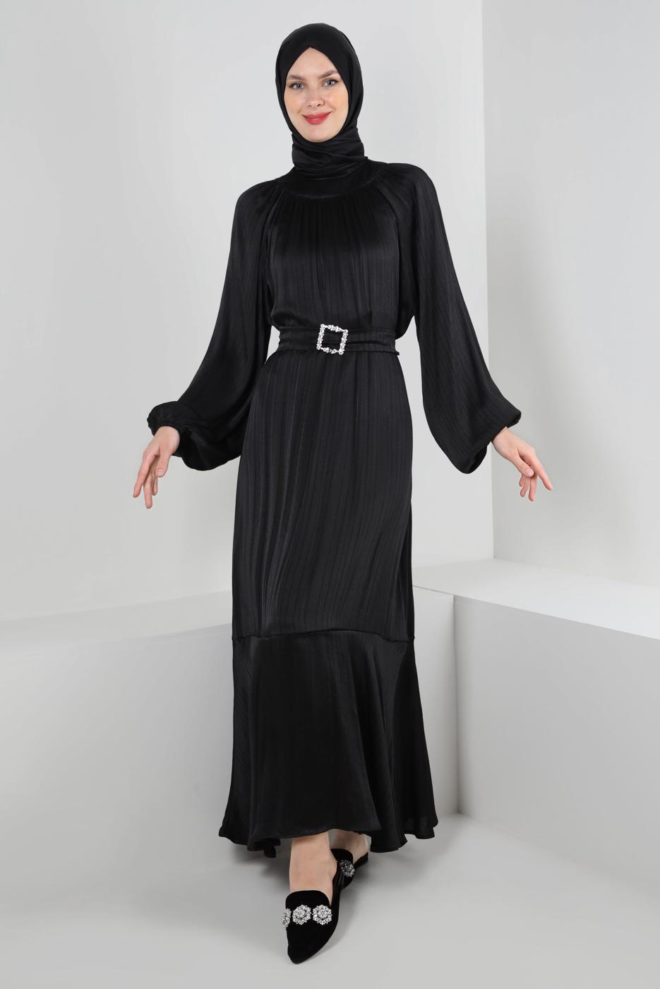 Tesettür giyim SİYAH BALON KOL VOLANLI KEMERLİ ELBİSE T 78002