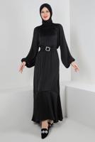 Tesettür giyim SİYAH BALON KOL VOLANLI KEMERLİ ELBİSE T 78002