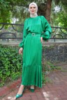 Tesettür giyim YEŞİL BALON KOL VOLANLI KEMERLİ ELBİSE T 78002