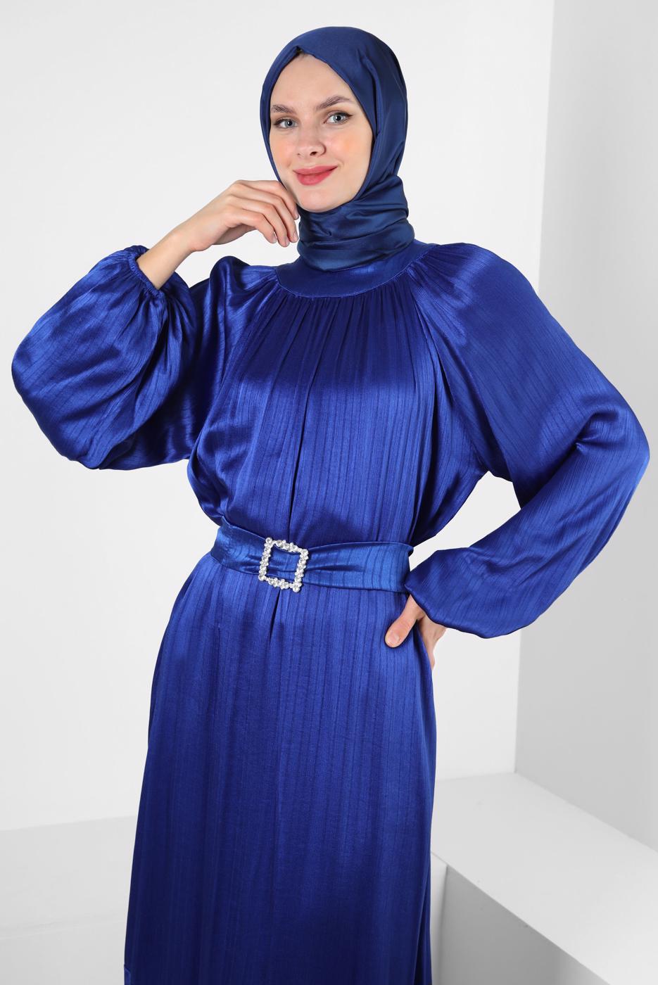 Tesettür giyim LACİVERT BALON KOL VOLANLI KEMERLİ ELBİSE T 78002