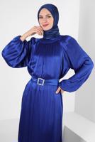 Tesettür giyim LACİVERT BALON KOL VOLANLI KEMERLİ ELBİSE T 78002