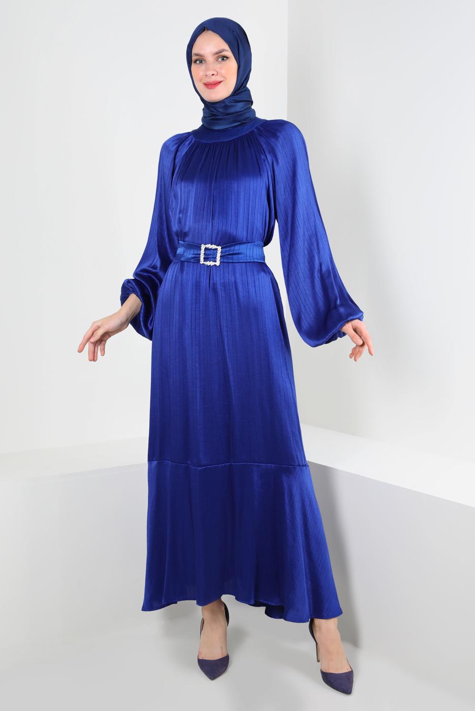 Tesettür giyim LACİVERT BALON KOL VOLANLI KEMERLİ ELBİSE T 78002