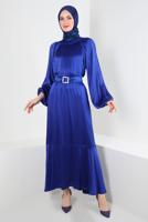 Tesettür giyim LACİVERT BALON KOL VOLANLI KEMERLİ ELBİSE T 78002