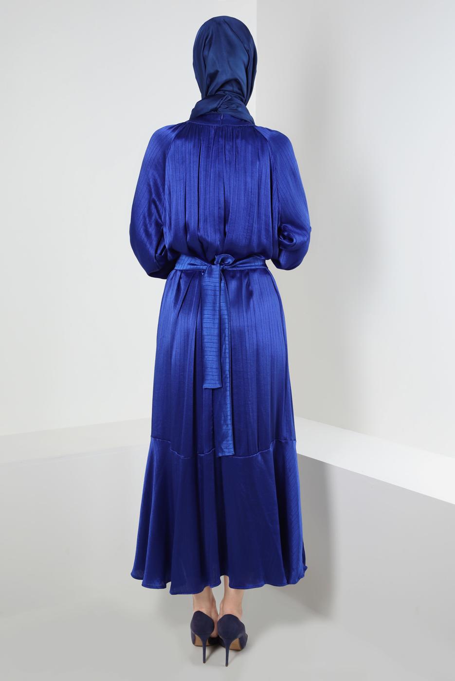 Tesettür giyim LACİVERT BALON KOL VOLANLI KEMERLİ ELBİSE T 78002