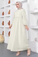 Tesettür giyim BEJ ÖNÜ DANTELLİ FIRFIR DETAYLI ELBİSE T 7878