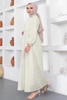 Tesettür giyim BEJ ÖNÜ DANTELLİ FIRFIR DETAYLI ELBİSE T 7878