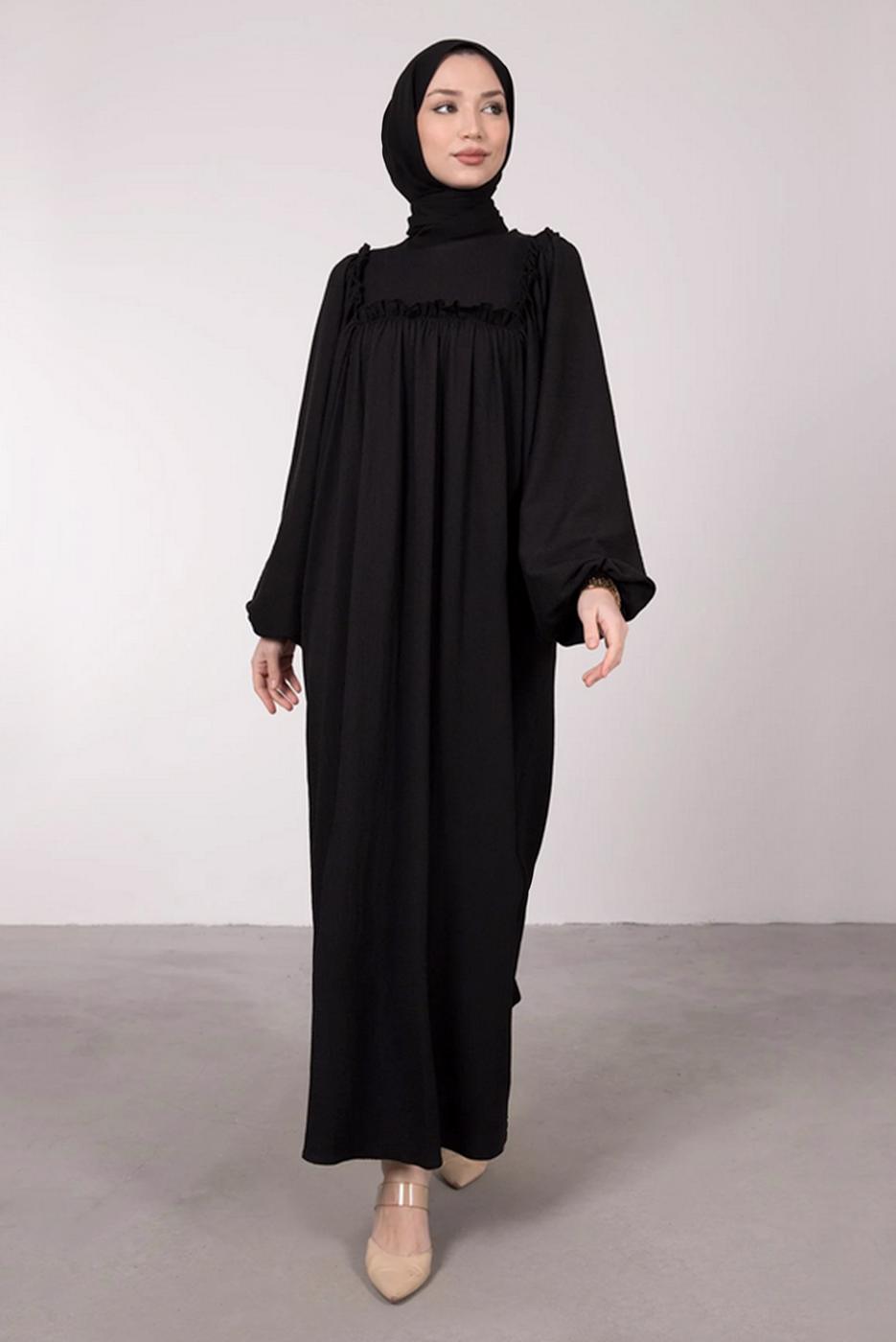 Tesettür giyim SİYAH GENİŞ KOL FIRFIR DETAYLI ELBİSE T 7885