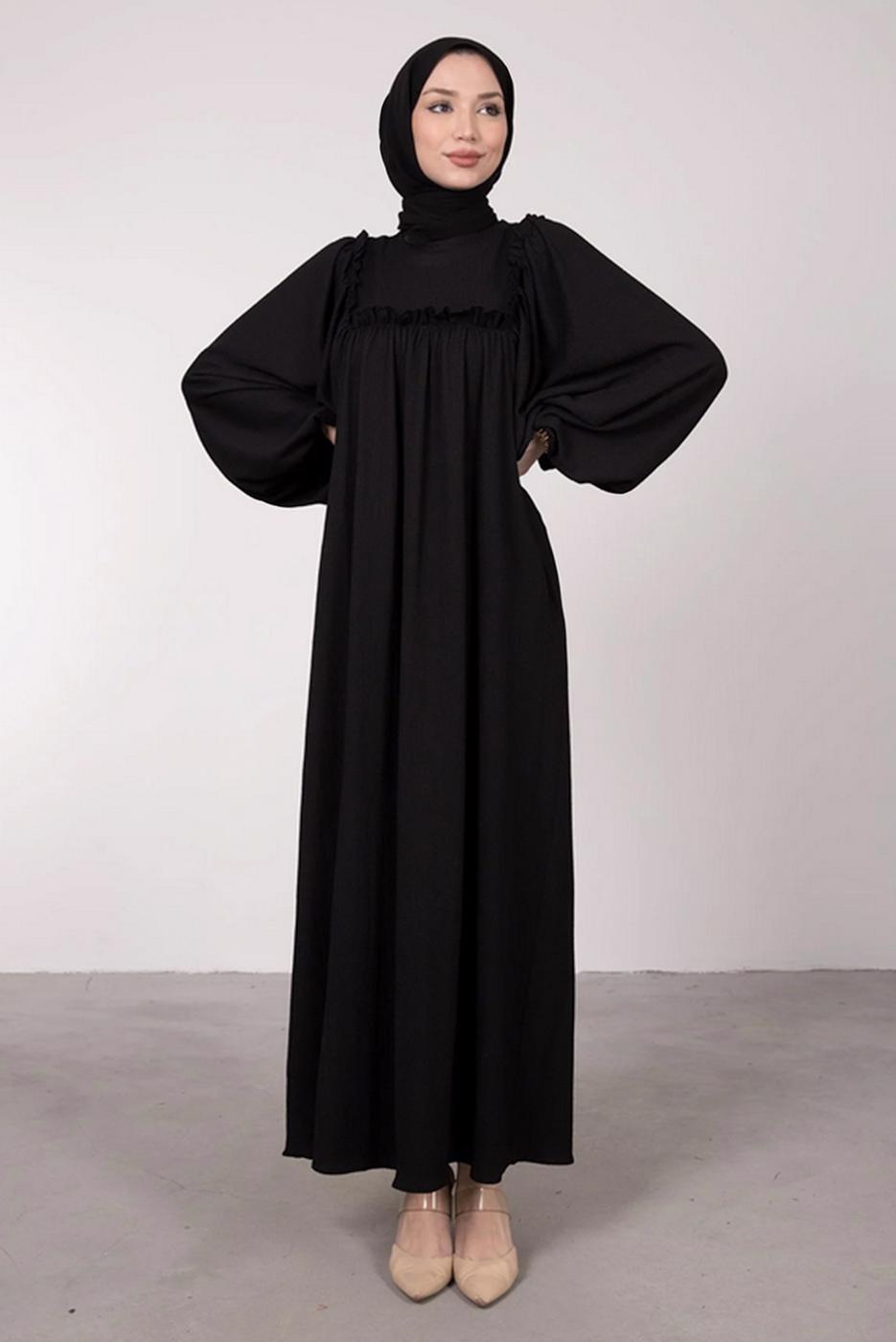 Tesettür giyim SİYAH GENİŞ KOL FIRFIR DETAYLI ELBİSE T 7885