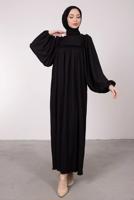 Tesettür giyim SİYAH GENİŞ KOL FIRFIR DETAYLI ELBİSE T 7885