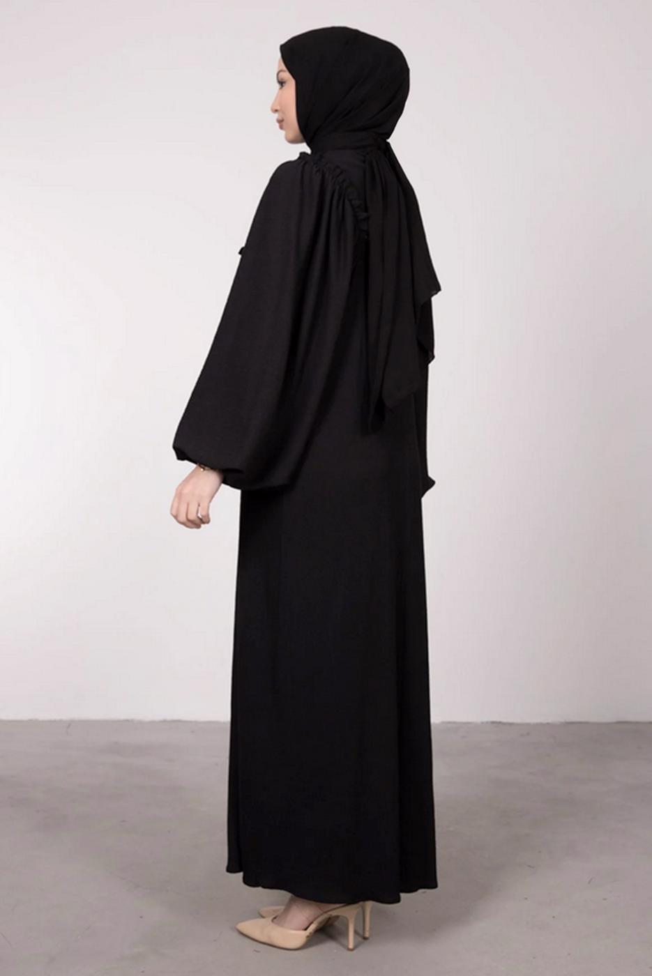 Tesettür giyim SİYAH GENİŞ KOL FIRFIR DETAYLI ELBİSE T 7885
