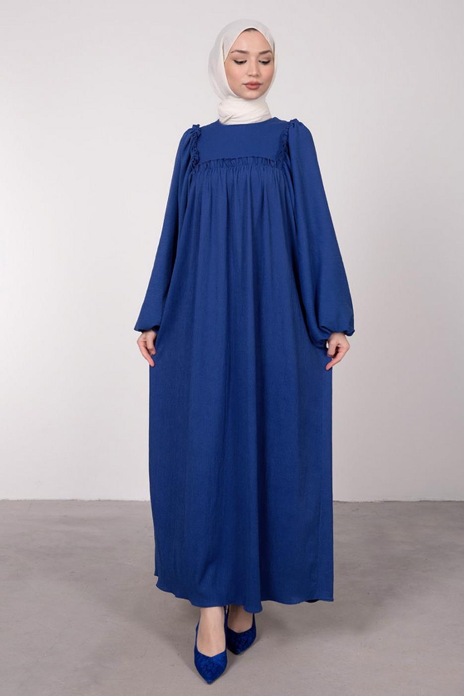 Tesettür giyim LACİVERT GENİŞ KOL FIRFIR DETAYLI ELBİSE T 7885