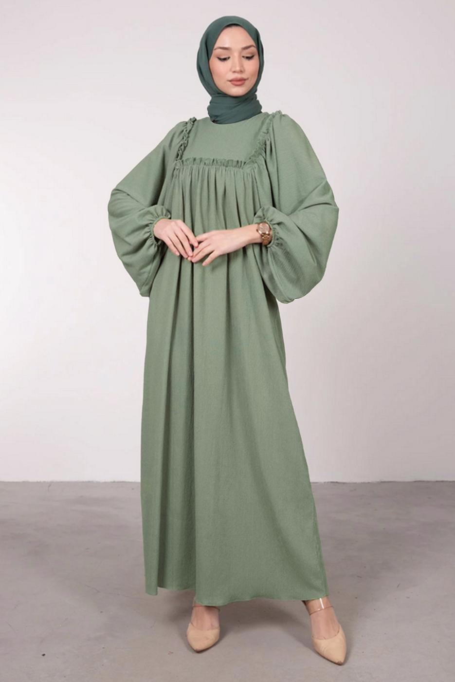 Tesettür giyim YEŞİL GENİŞ KOL FIRFIR DETAYLI ELBİSE T 7885