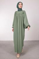 Tesettür giyim YEŞİL GENİŞ KOL FIRFIR DETAYLI ELBİSE T 7885