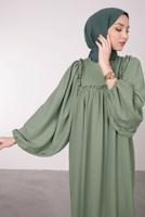 Tesettür giyim YEŞİL GENİŞ KOL FIRFIR DETAYLI ELBİSE T 7885