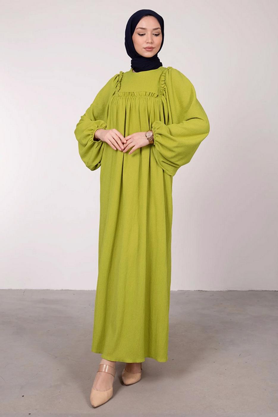 Tesettür giyim YEŞİL GENİŞ KOL FIRFIR DETAYLI ELBİSE T 7885