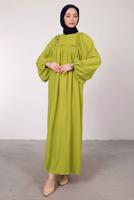 Tesettür giyim YEŞİL GENİŞ KOL FIRFIR DETAYLI ELBİSE T 7885