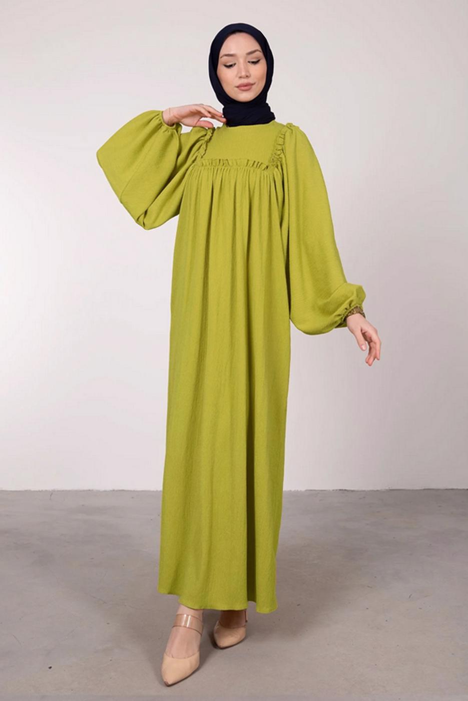 Tesettür giyim YEŞİL GENİŞ KOL FIRFIR DETAYLI ELBİSE T 7885