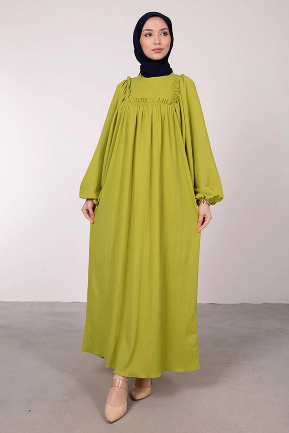 Tesettür giyim YEŞİL GENİŞ KOL FIRFIR DETAYLI ELBİSE T 7885